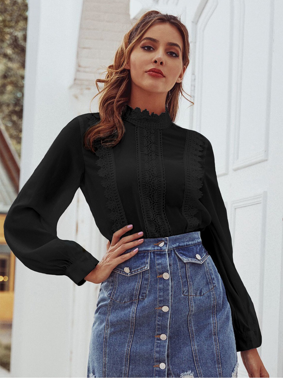 

LULU & SKY High Neck Lace-Up Cuffed Sleeves Top, Black