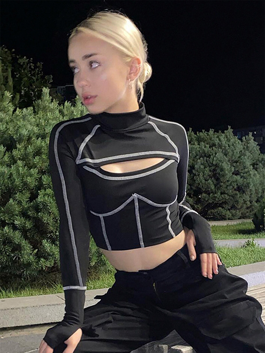 

LULU & SKY High Neck Cut-Out Detailed Fitted Crop Top, Black