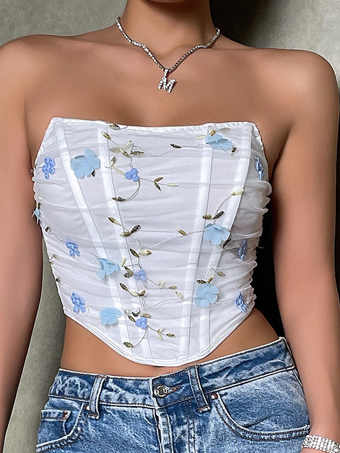 

LULU & SKY Floral Embroidered Strapless Tube Crop Top, Blue