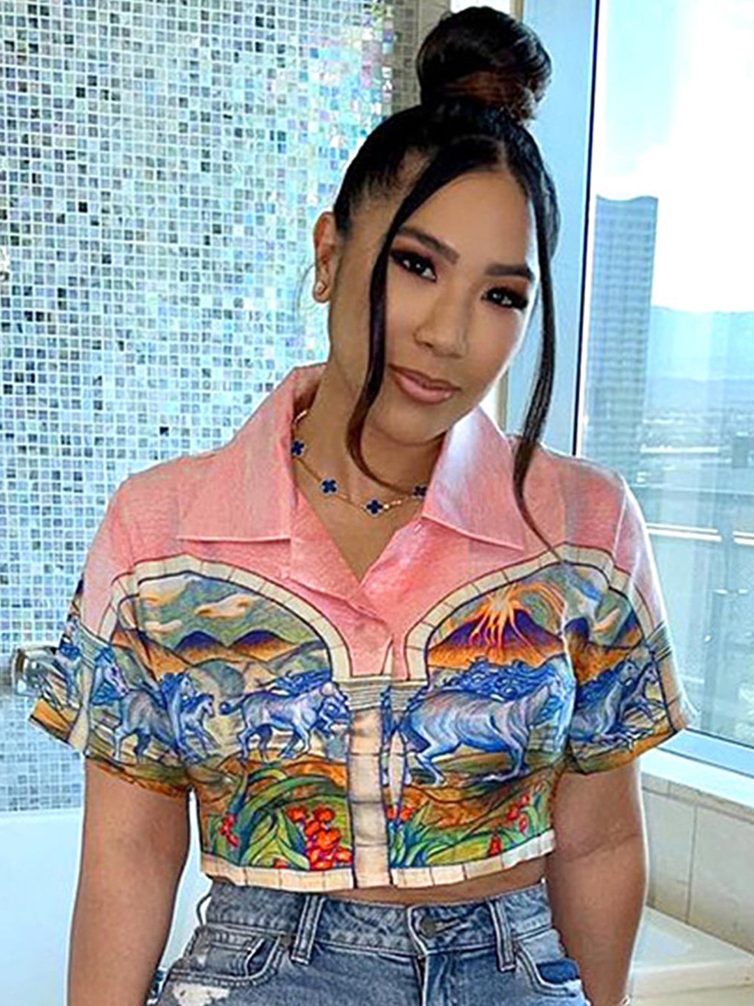 

LULU & SKY Abstract Printed Shirt Style Crop Top, Peach