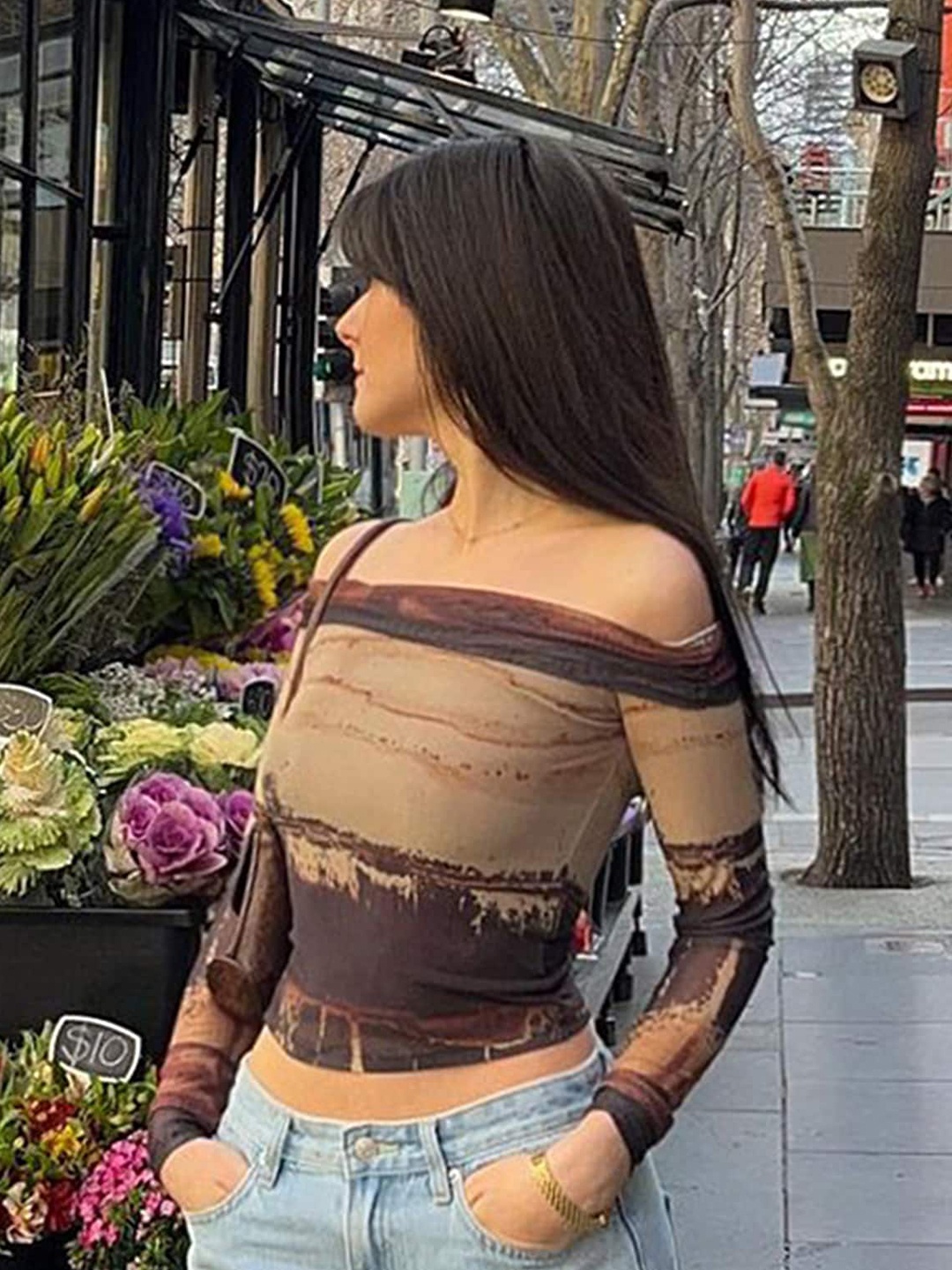 

LULU & SKY Abstract Printed Off Shoulder Crop Top, Brown