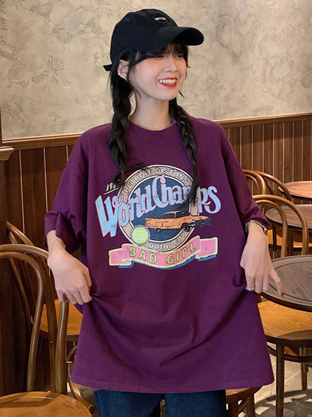 

LULU & SKY Typography Printed Drop-Shoulder Sleeves Oversized T-shirt, Purple