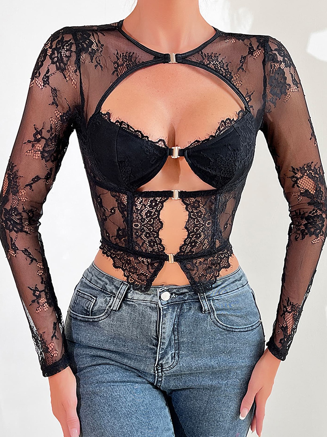 

LULU & SKY Lace Up Self Design Sheer Cut-Out Detail Fitted Crop Top, Black