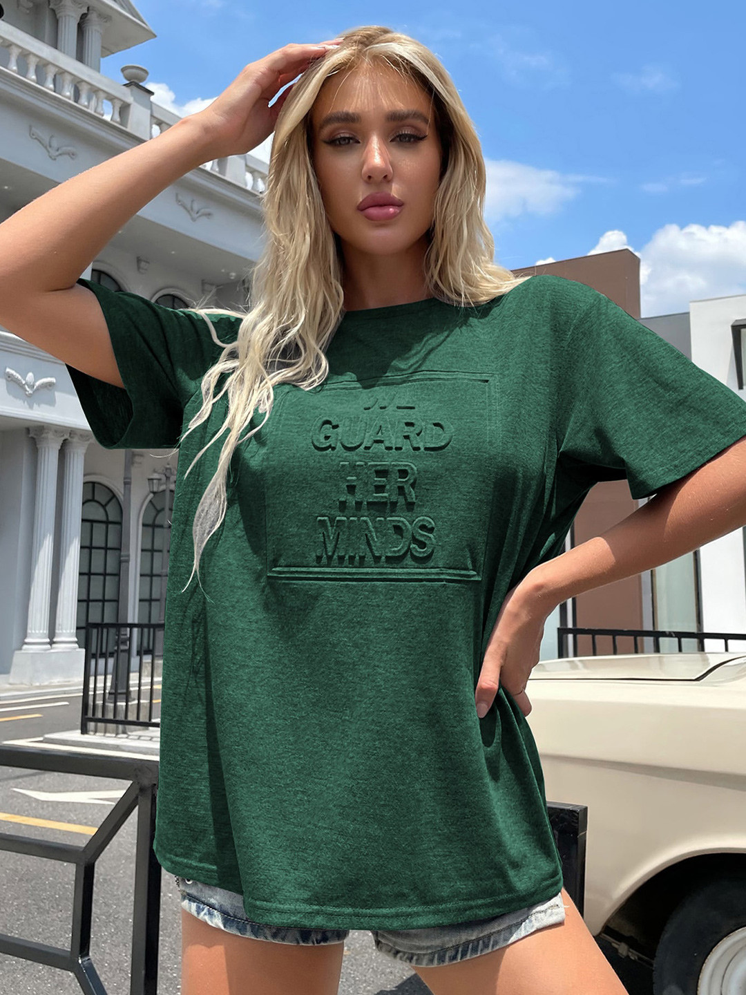 

LULU & SKY Self Design Oversized T-Shirt, Green