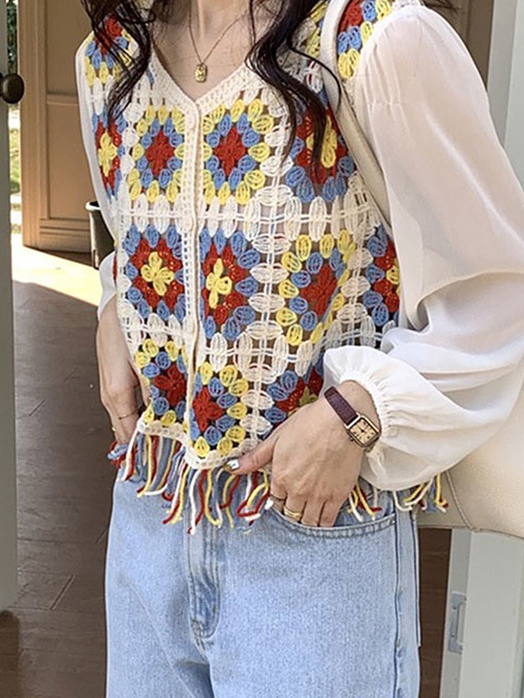 

LULU & SKY Ethnic Motifs Embroidered Acrylic Top, Off white
