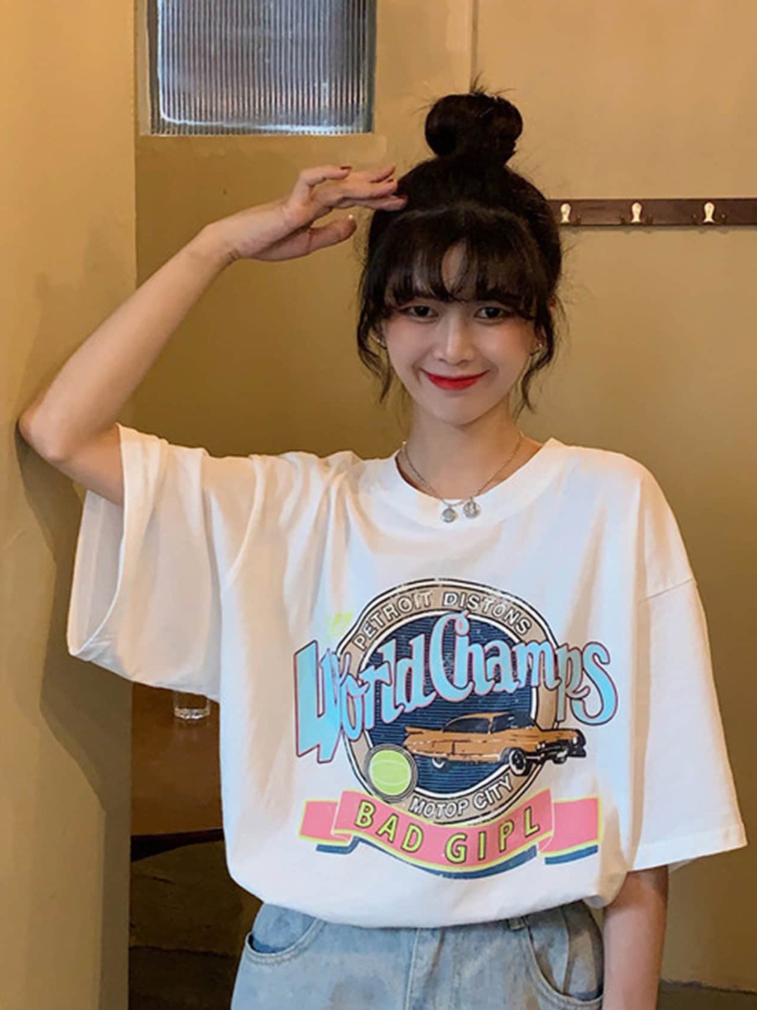 

LULU & SKY Graphic Printed Drop-Shoulder Sleeves Oversized Longline T-Shirt, White