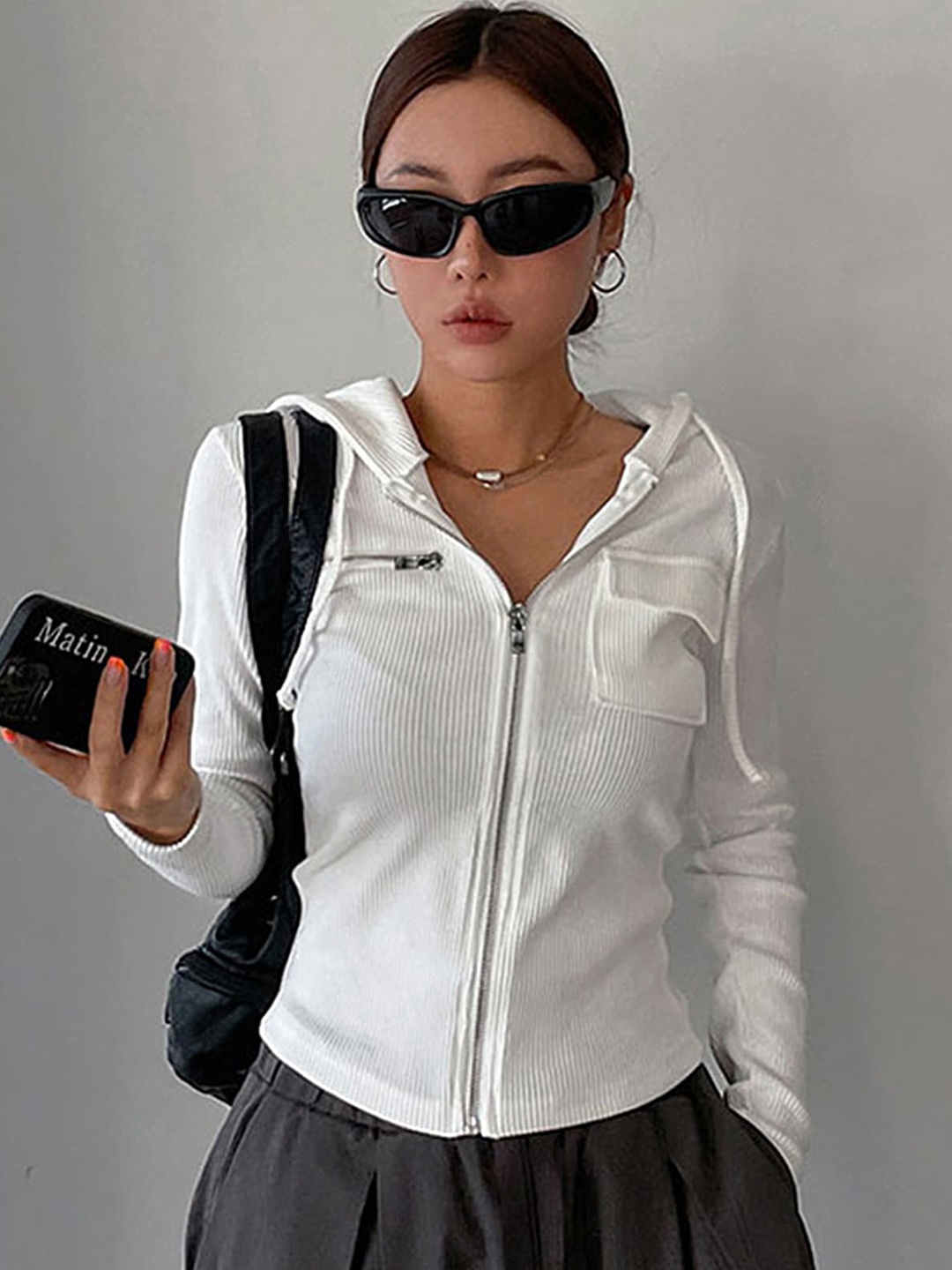 

LULU & SKY Hooded Ribbed Fitted Top, White