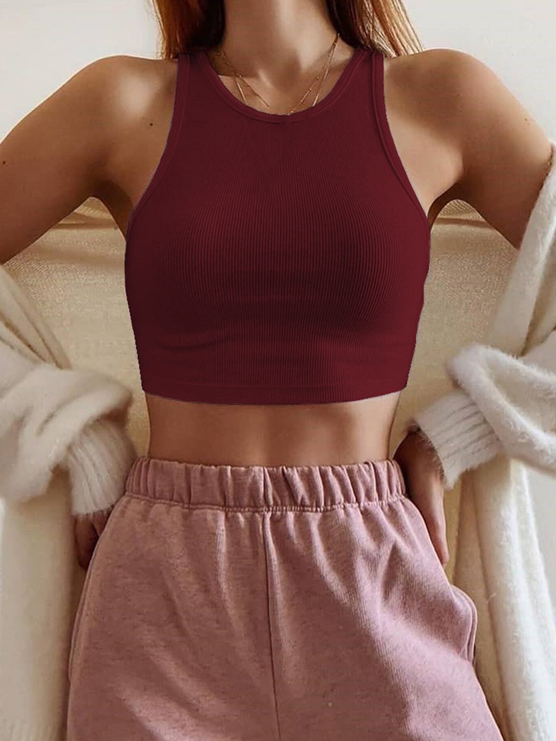 

LULU & SKY Sleeveless Fitted Crop Top, Burgundy