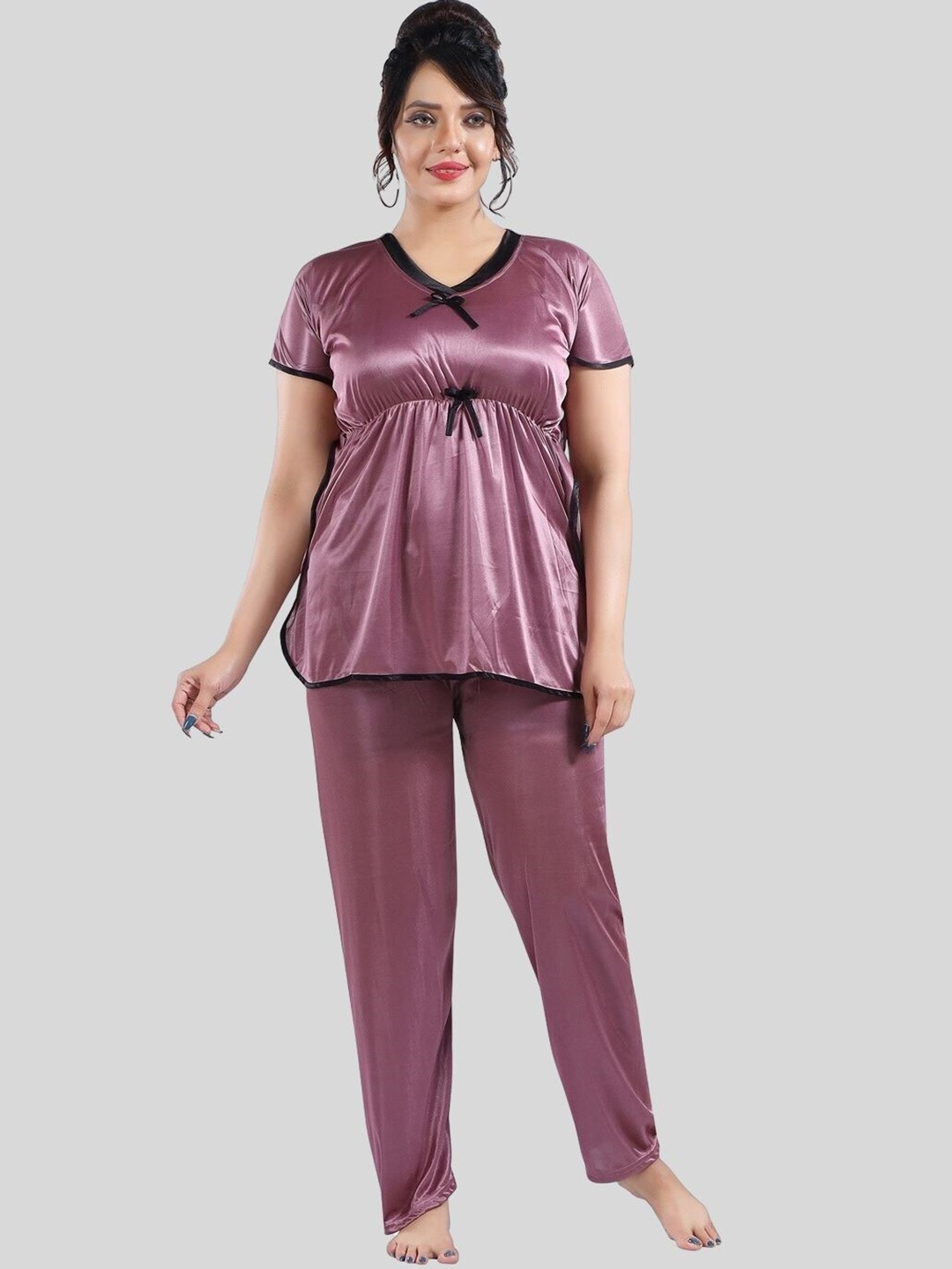 

Fabme V-Neck Short Sleeves Satin Kaftan Night Suit, Purple