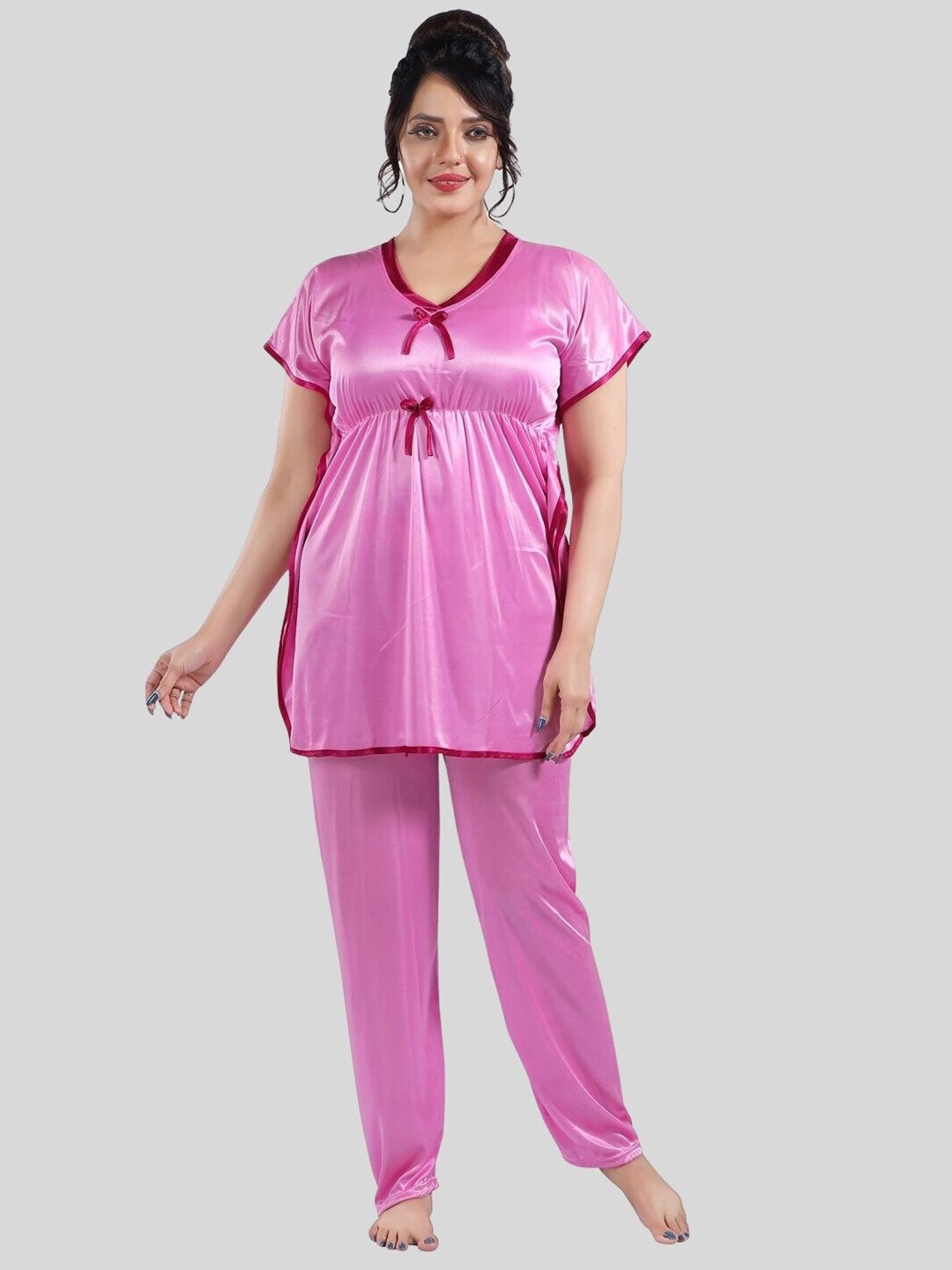 

Fabme V-Neck Short Sleeves Satin Kaftan Night Suit, Pink