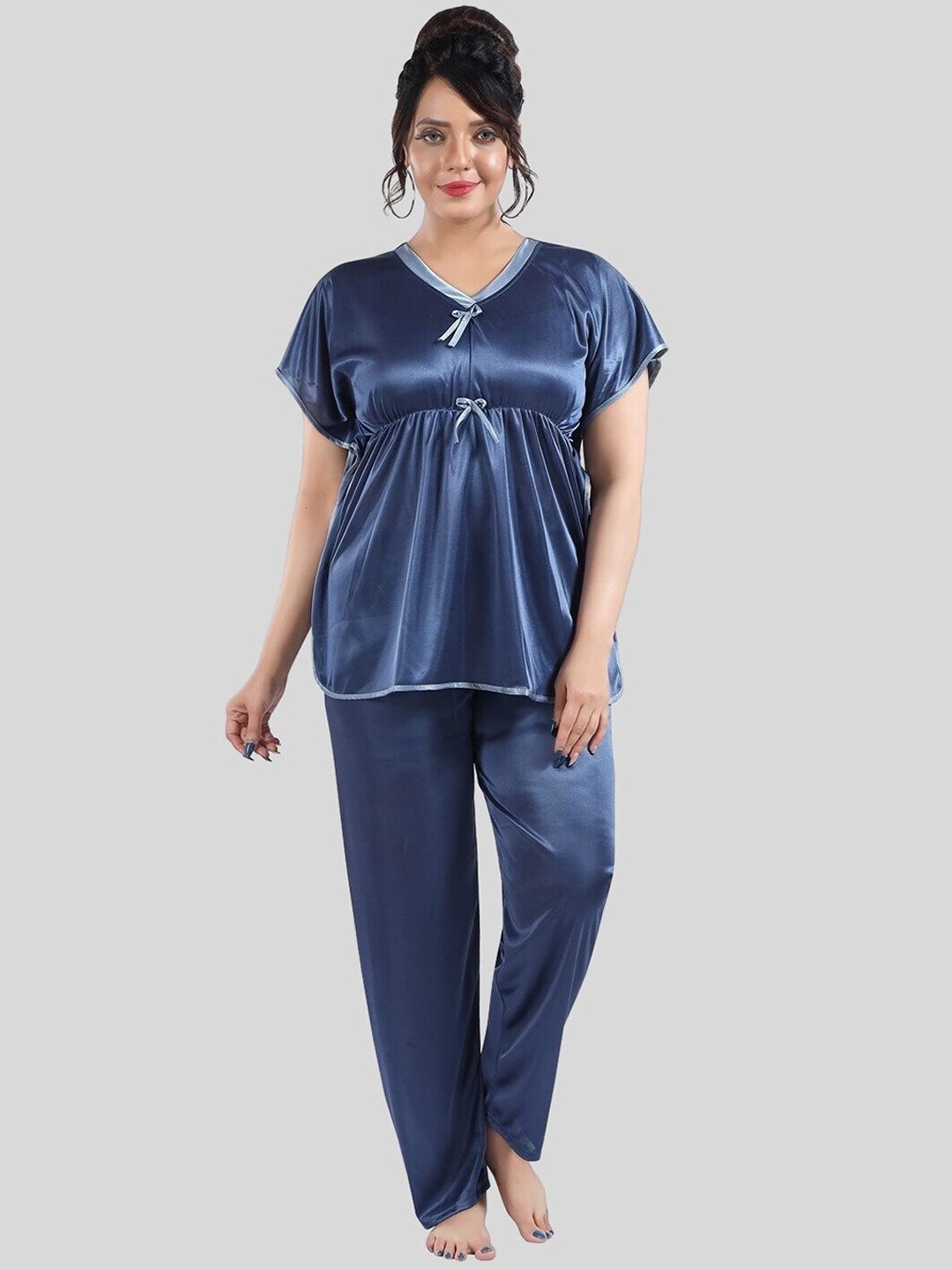 

Fabme V-Neck Short Sleeves Satin Kaftan Night Suit, Navy blue