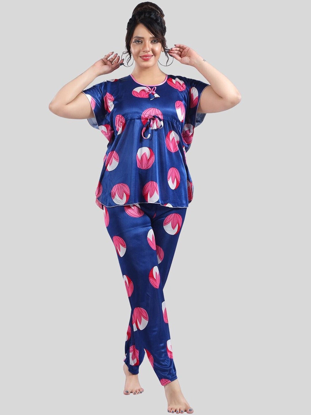 

Fabme Floral Printed Short Sleeves Satin Kaftan Night Suit, Blue