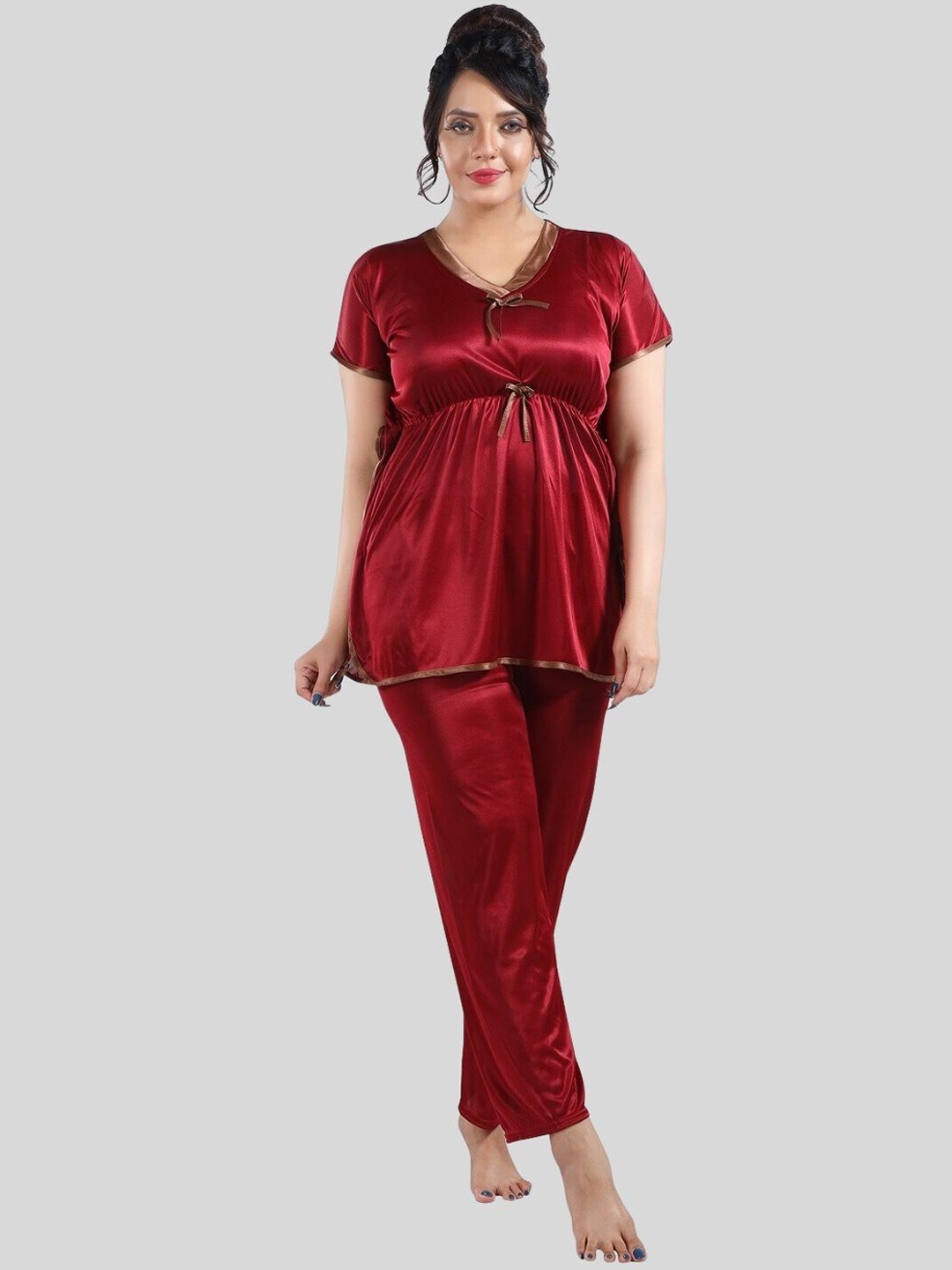 

Fabme V-Neck Short Sleeves Bow Detailed Satin Night Suit, Maroon