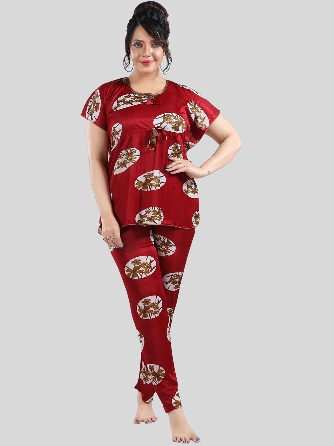 

Fabme Floral Printed Short Sleeves Satin Kaftan Night Suit, Maroon