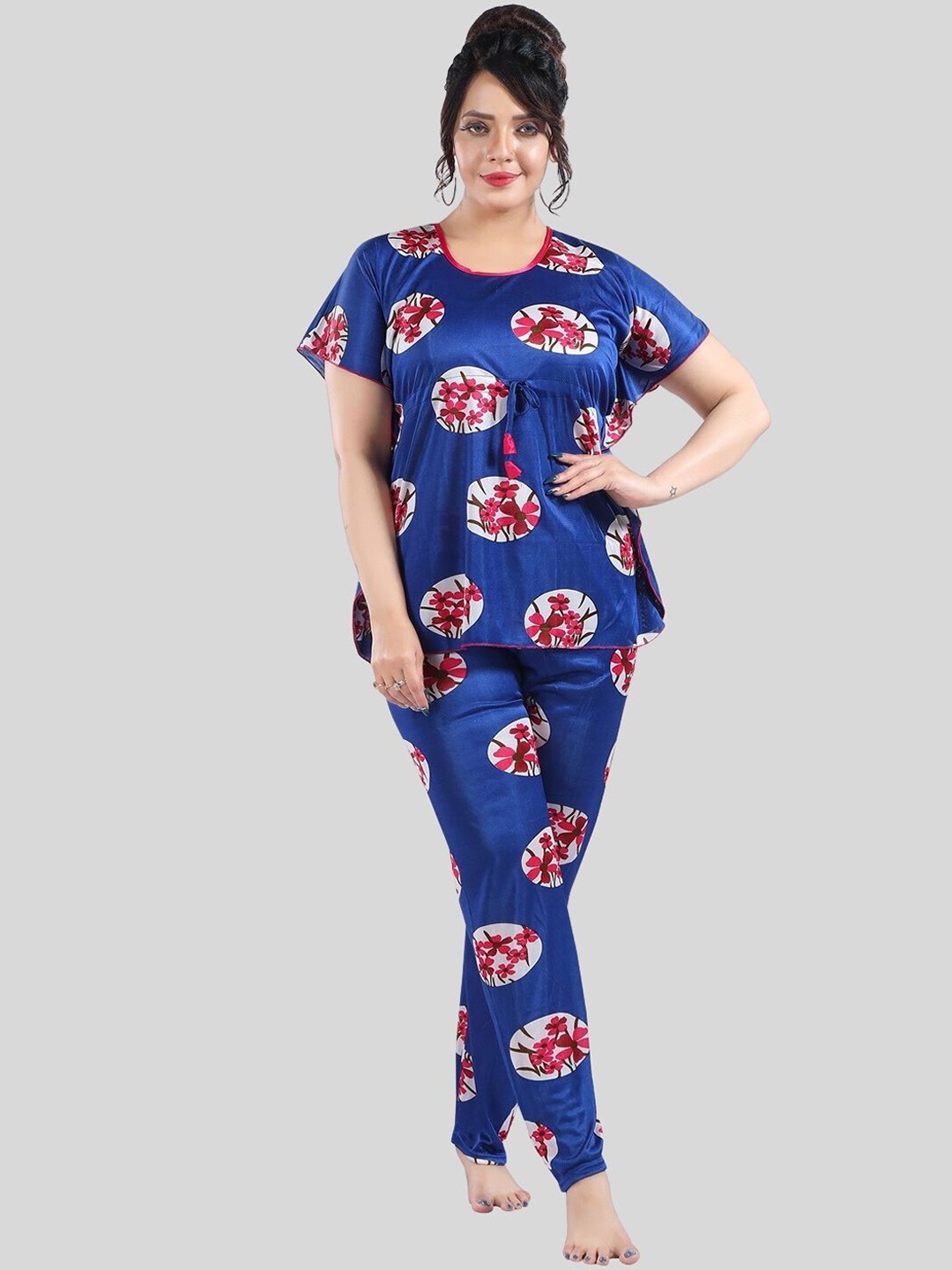 

Fabme Floral Printed Satin Top With Pyjamas, Blue