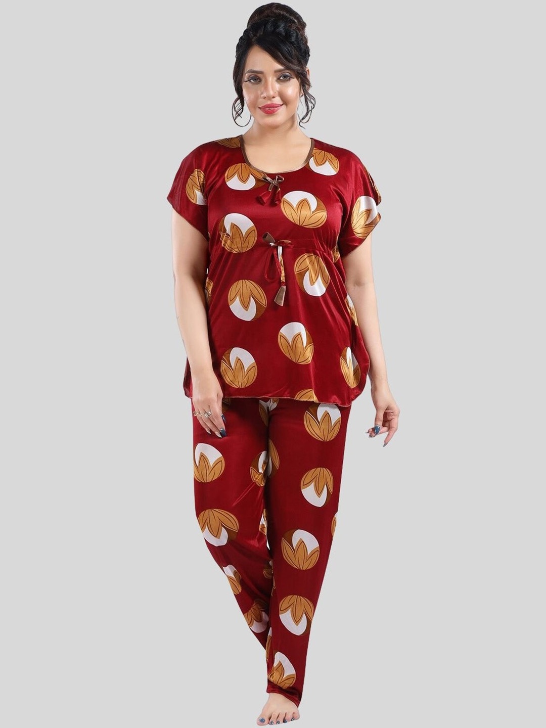 

Fabme Floral Printed Top With Pyjamas, Maroon