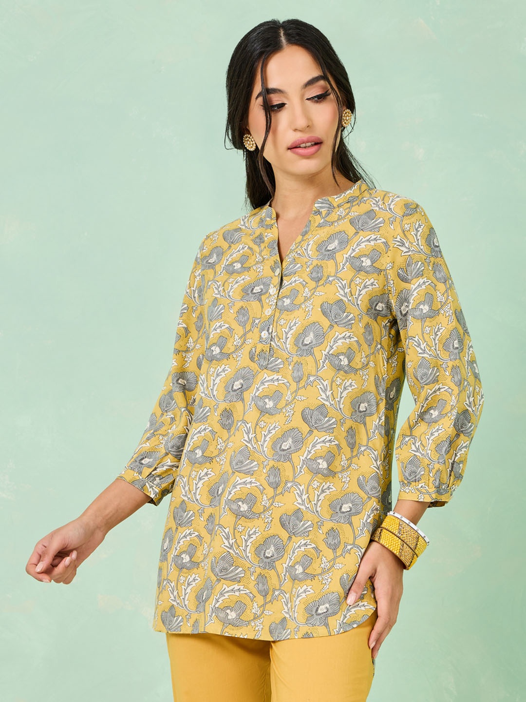 

Styli Mandarin Collar Floral Printed Kurti, Yellow