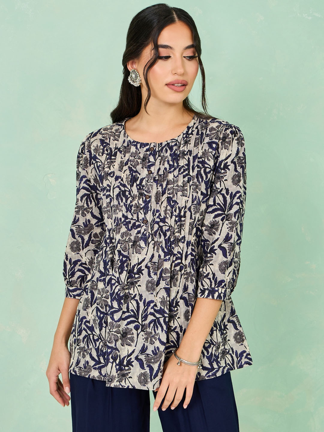 

Styli Floral Printed Cotton Tunic, Grey