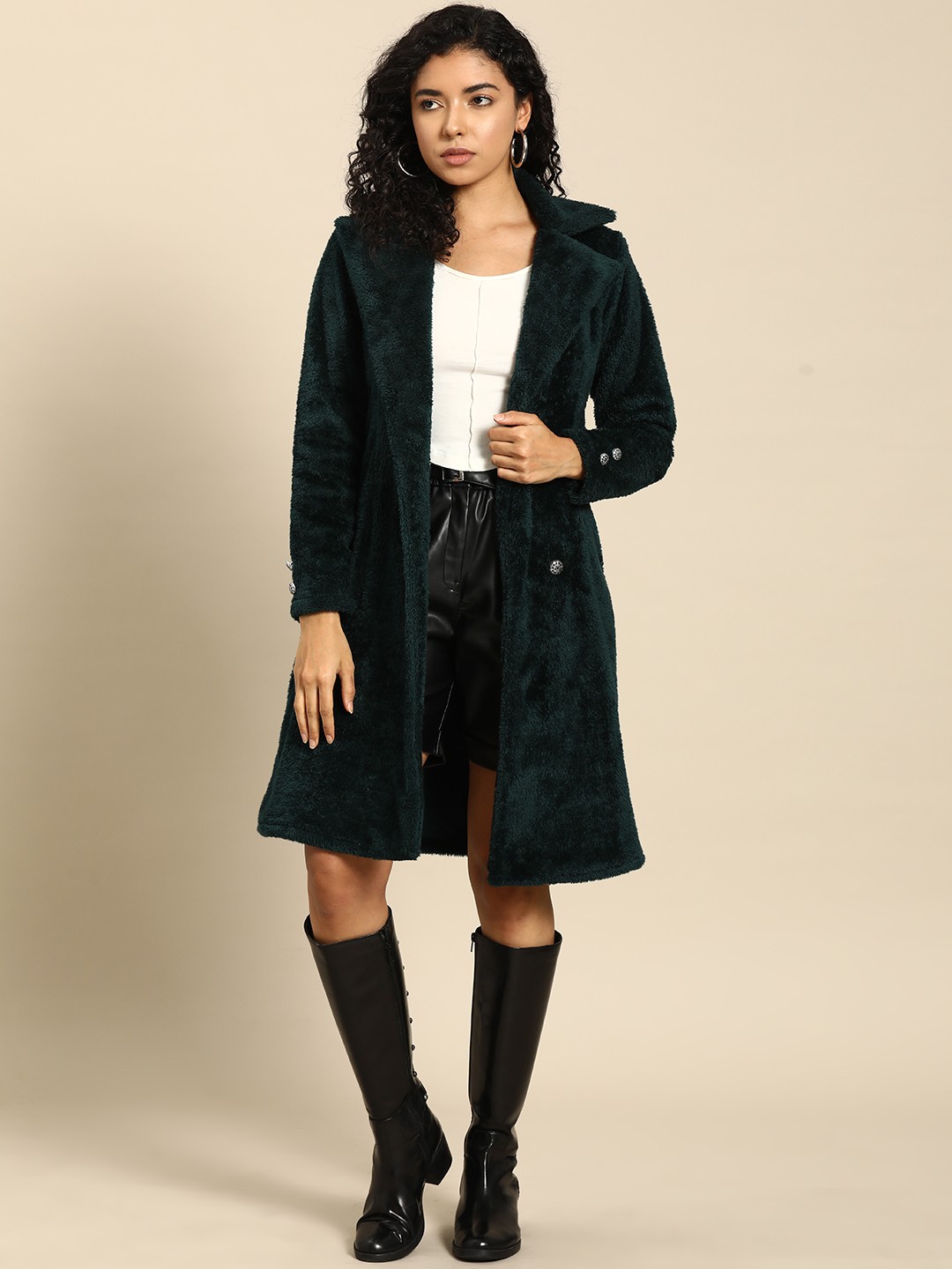 

WoowZerz Women Solid Faux Fur Longline Over Coat, Green