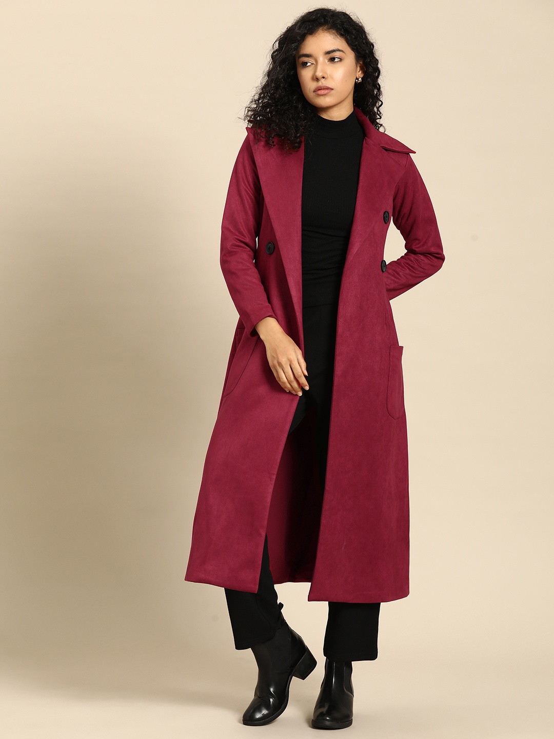 

WoowZerz Women Solid Longline Front-Open Overcoat, Maroon