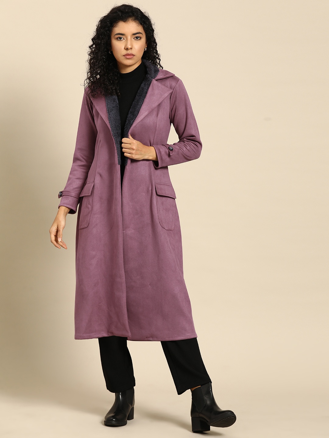 

WoowZerz Women Solid Longline Front-Open Overcoat, Purple