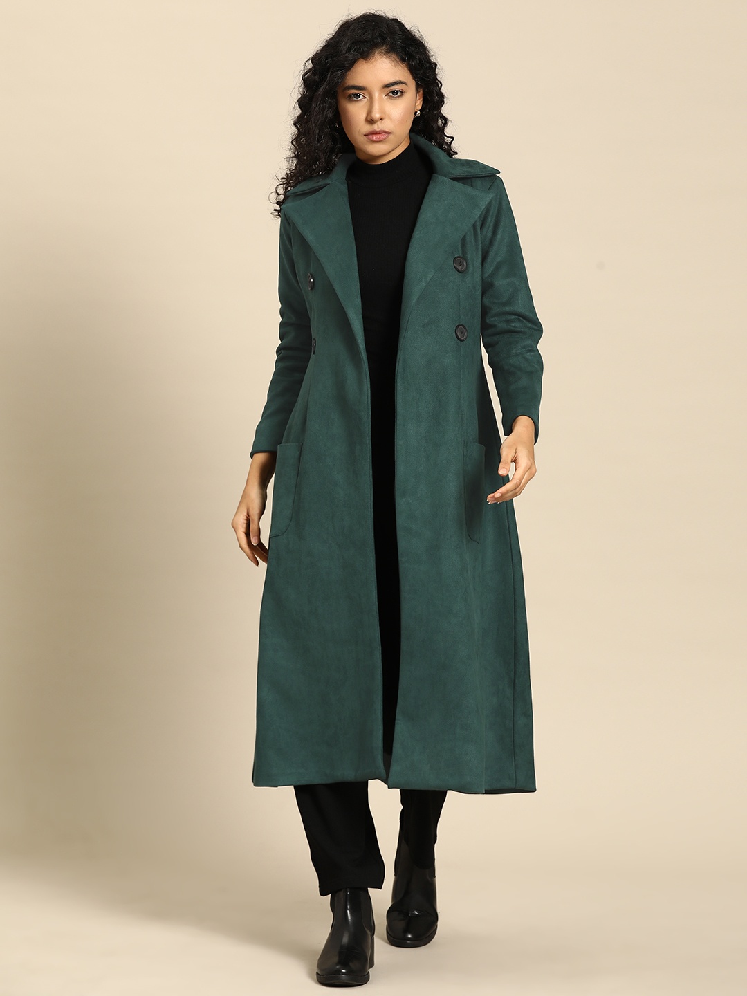 

WoowZerz Women Solid Longline Front-Open Overcoat, Green