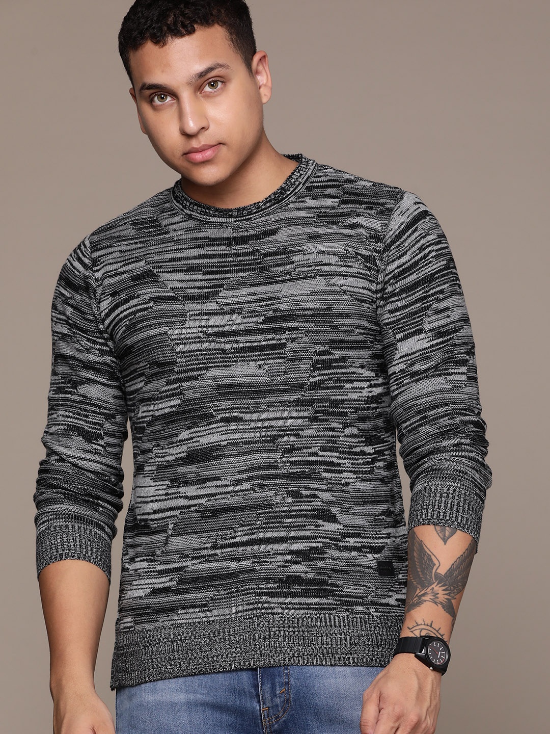 

Roadster Men Self Design Acrylic Pullover, Black