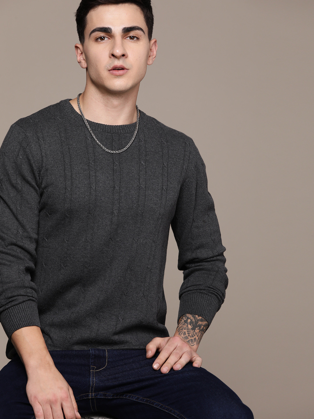 

Roadster Men Cable Knit Pure Cotton Pullover, Charcoal