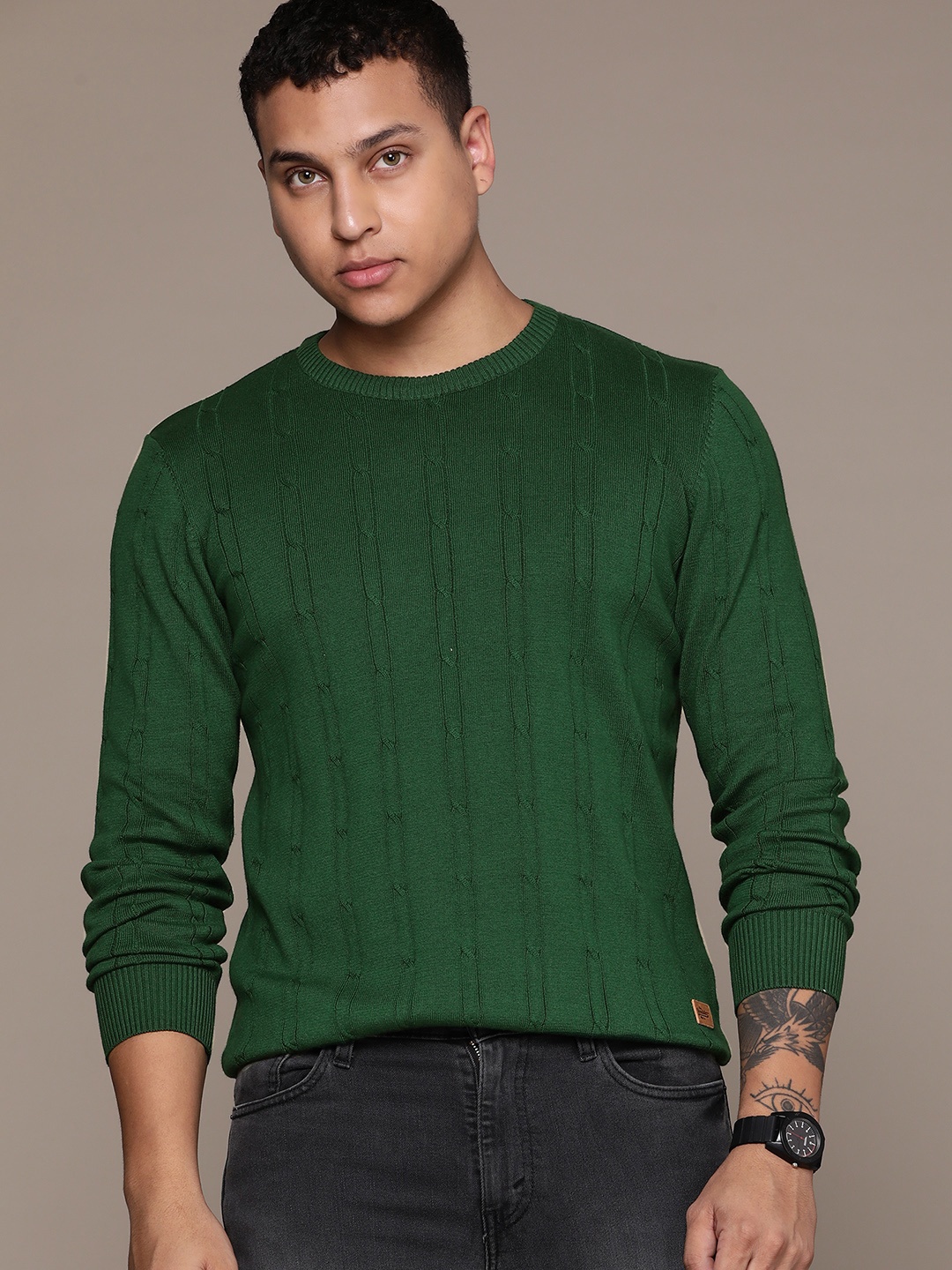 

Roadster Men Striped Pullover Sweater, Green