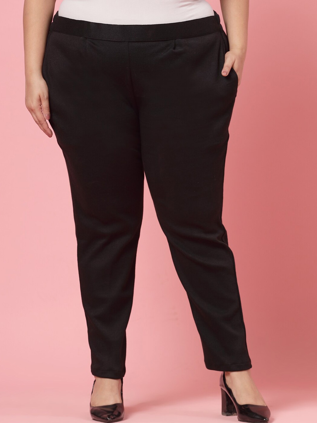 

CLORA CREATION PLUS Women Relaxed Fit Easy Wash Woollen Trousers, Black