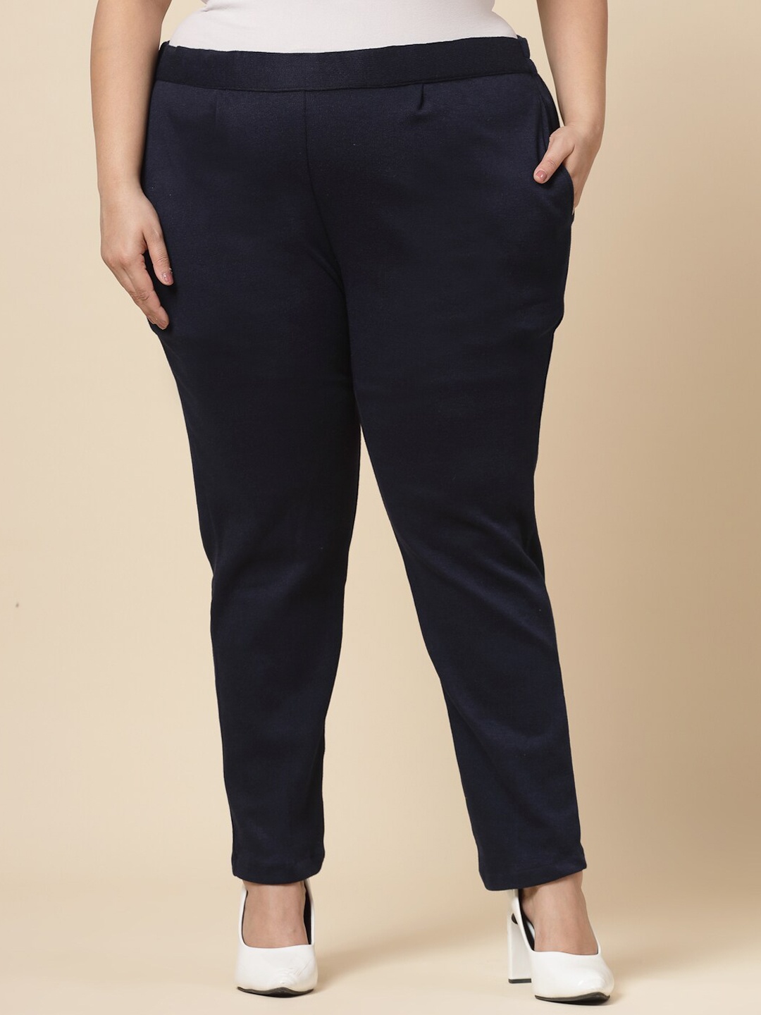 

CLORA CREATION PLUS Women Relaxed Fit Easy Wash Wool Regular Trousers, Navy blue
