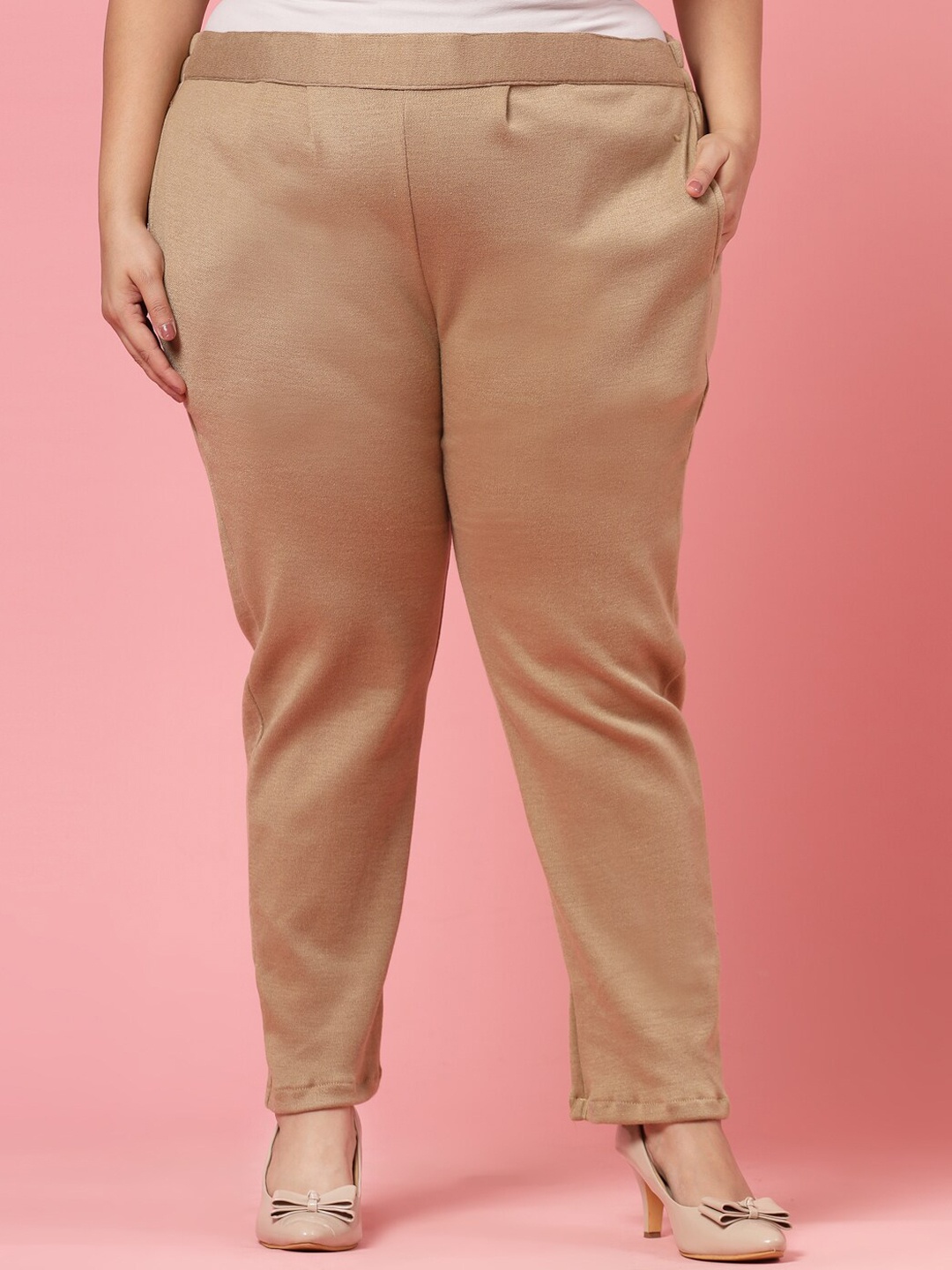 

CLORA CREATION PLUS Women Relaxed Fit Easy Wash Woollen Trousers, Beige