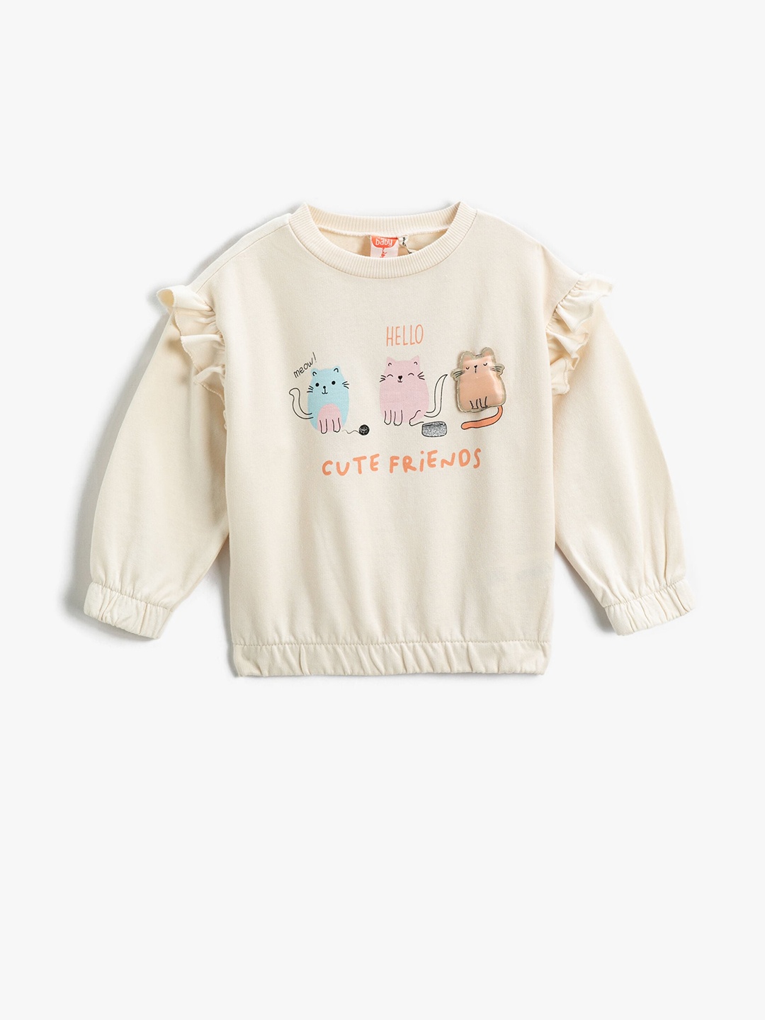 

Koton Girls Graphic Printed Flutter Sleeves Pure Cotton Pullover, Cream