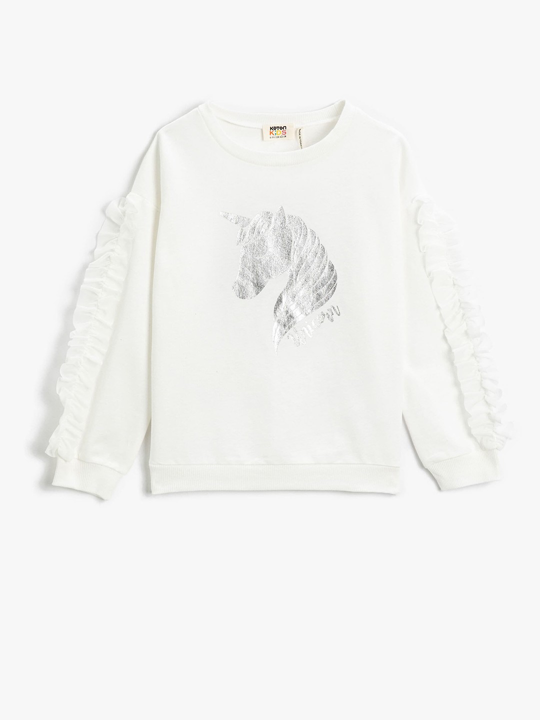 

Koton Girls Graphic Printed Ruffles Cotton Pullover Sweatshirt, White