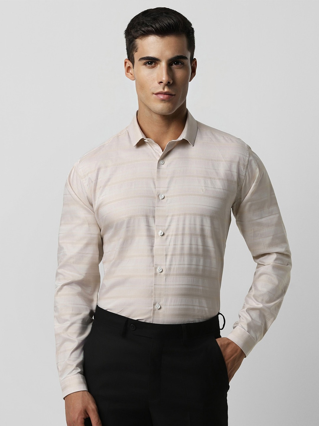 

V Dot Striped Slim Fit Classic Cotton Casual Shirt, Beige