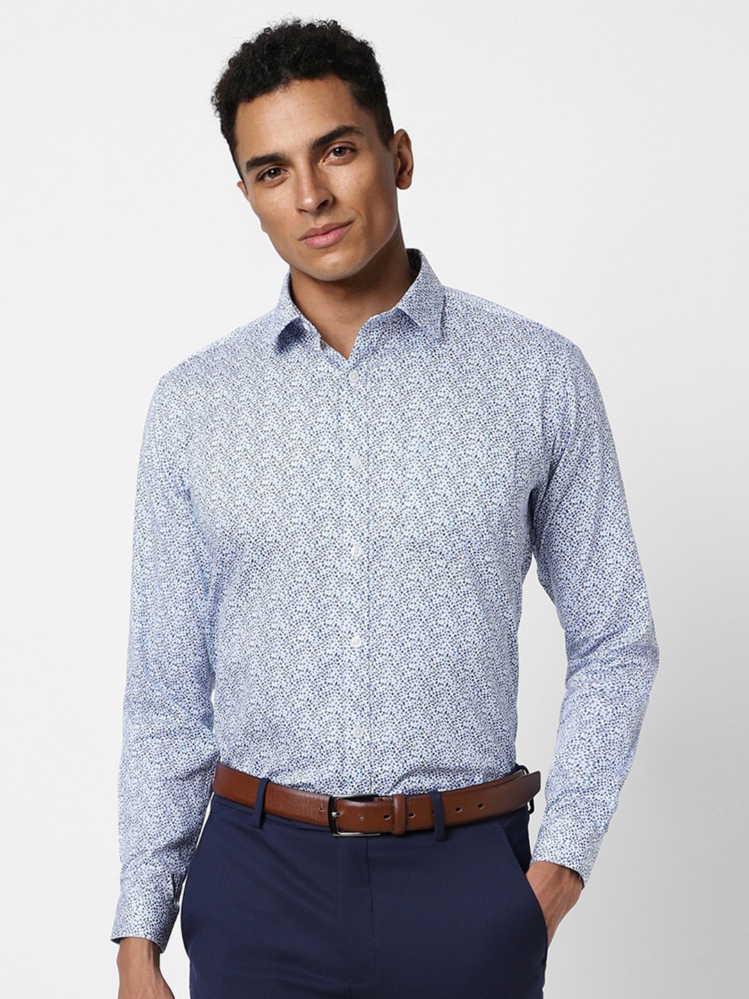 

V Dot Slim Fit Micro Ditsy Printed Pure Cotton Formal Shirt, Blue