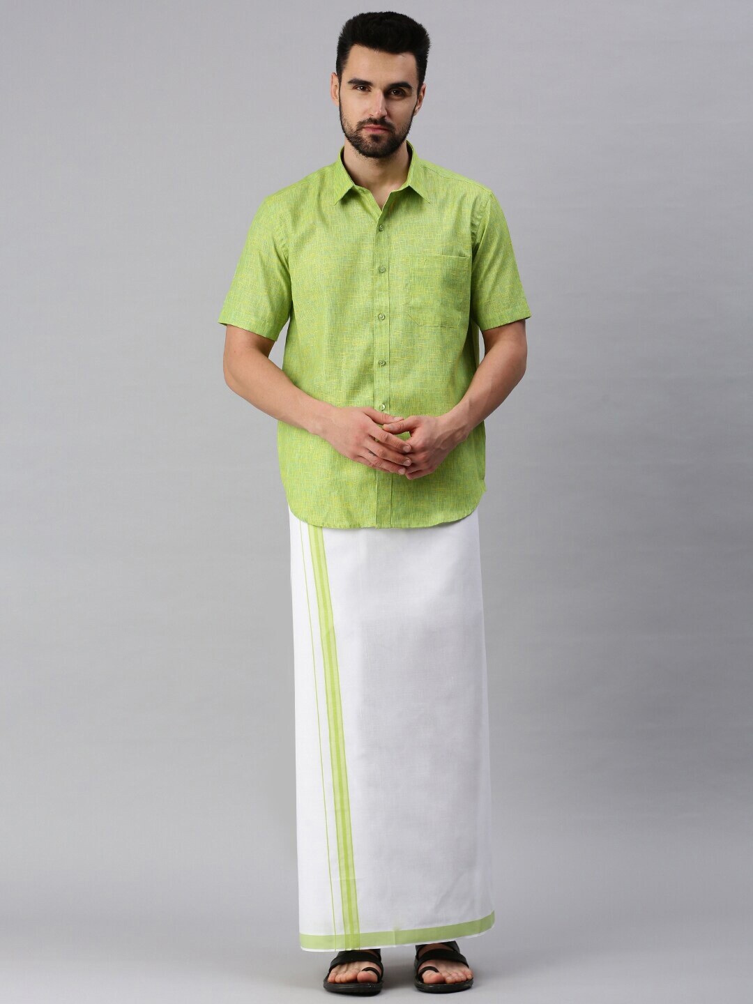 

Ramraj Short Sleeves Pure Cotton Shirt With Veshti, Lime green