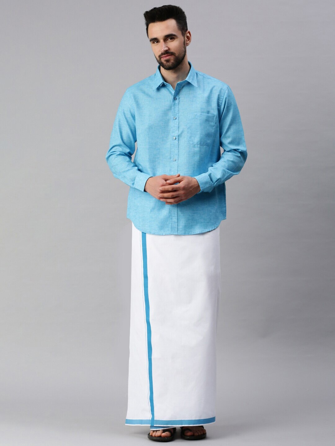 

Ramraj Long Sleeves Pure Cotton Shirt With Veshti, Blue