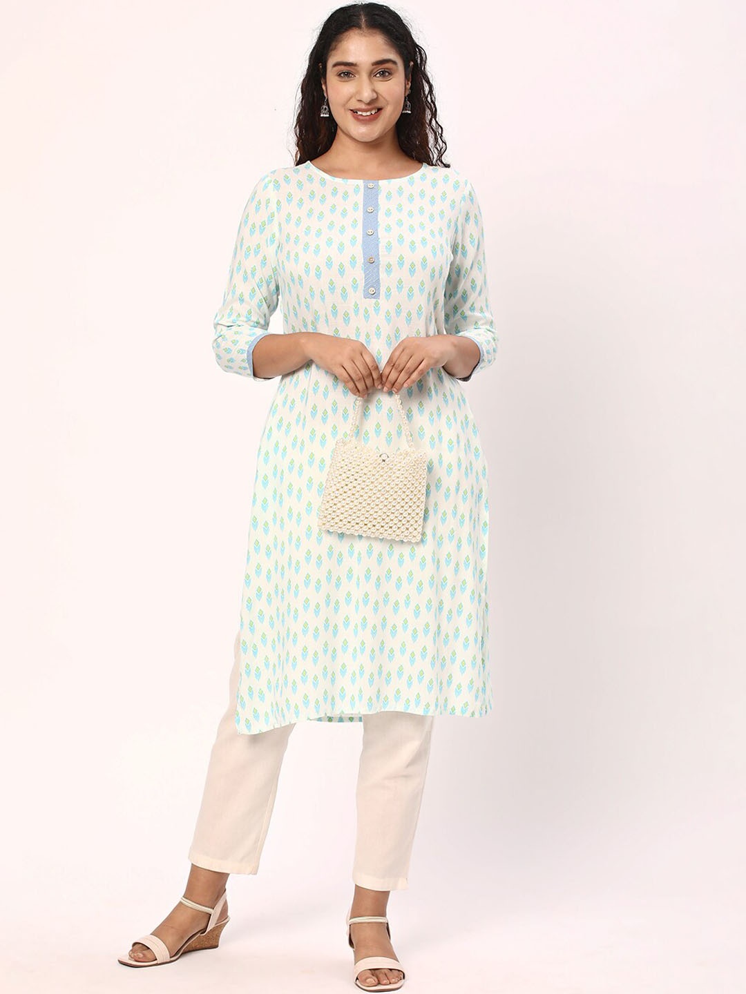 

R&B Ethnic Motifs Printed Round Neck Straight Kurta, Turquoise blue