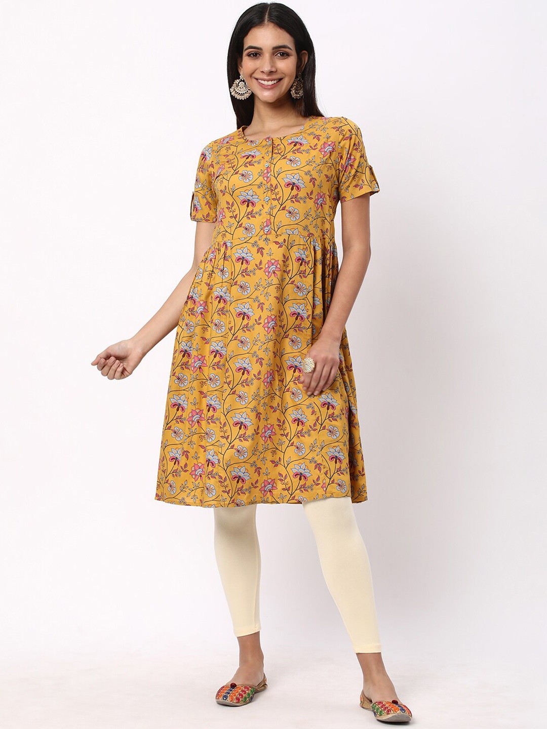 

R&B Floral Printed Pleated A-Line Kurta, Yellow