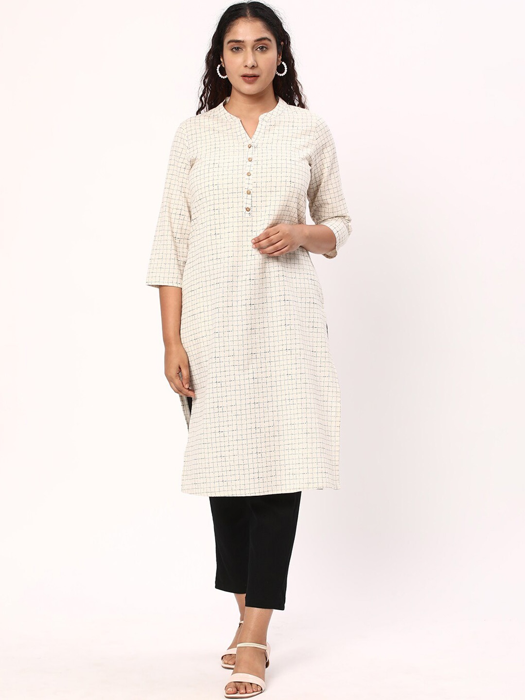 

R&B Checked Mandarin Collar Kurta, White