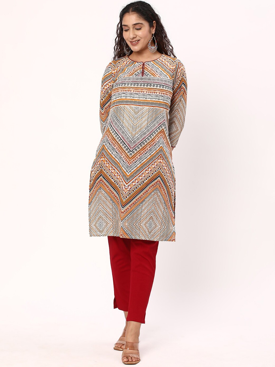 

R&B Ethnic Motifs Printed Round Neck Straight Kurta, Beige