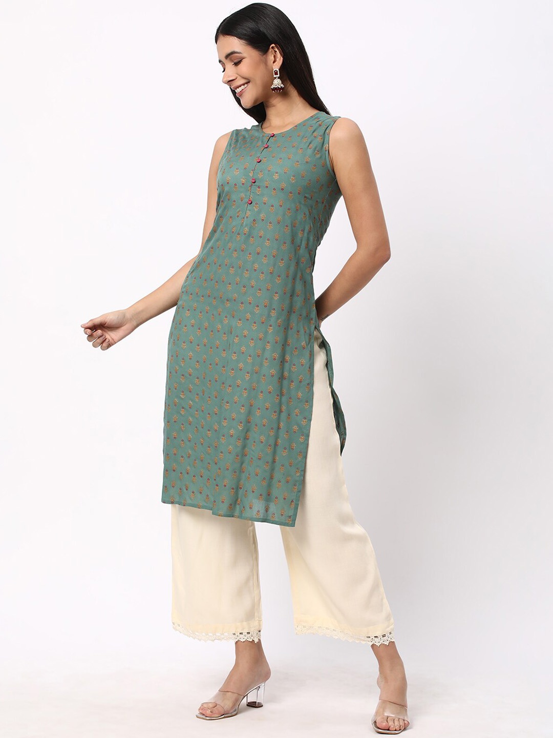 

R&B Floral Woven Design Straight Kurta, Green