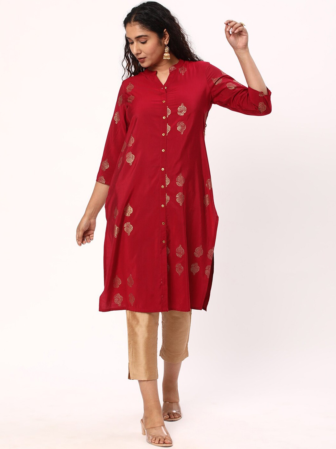 

R&B Ethnic Motifs Foil Printed Mandarin Collar Straight Kurta, Red