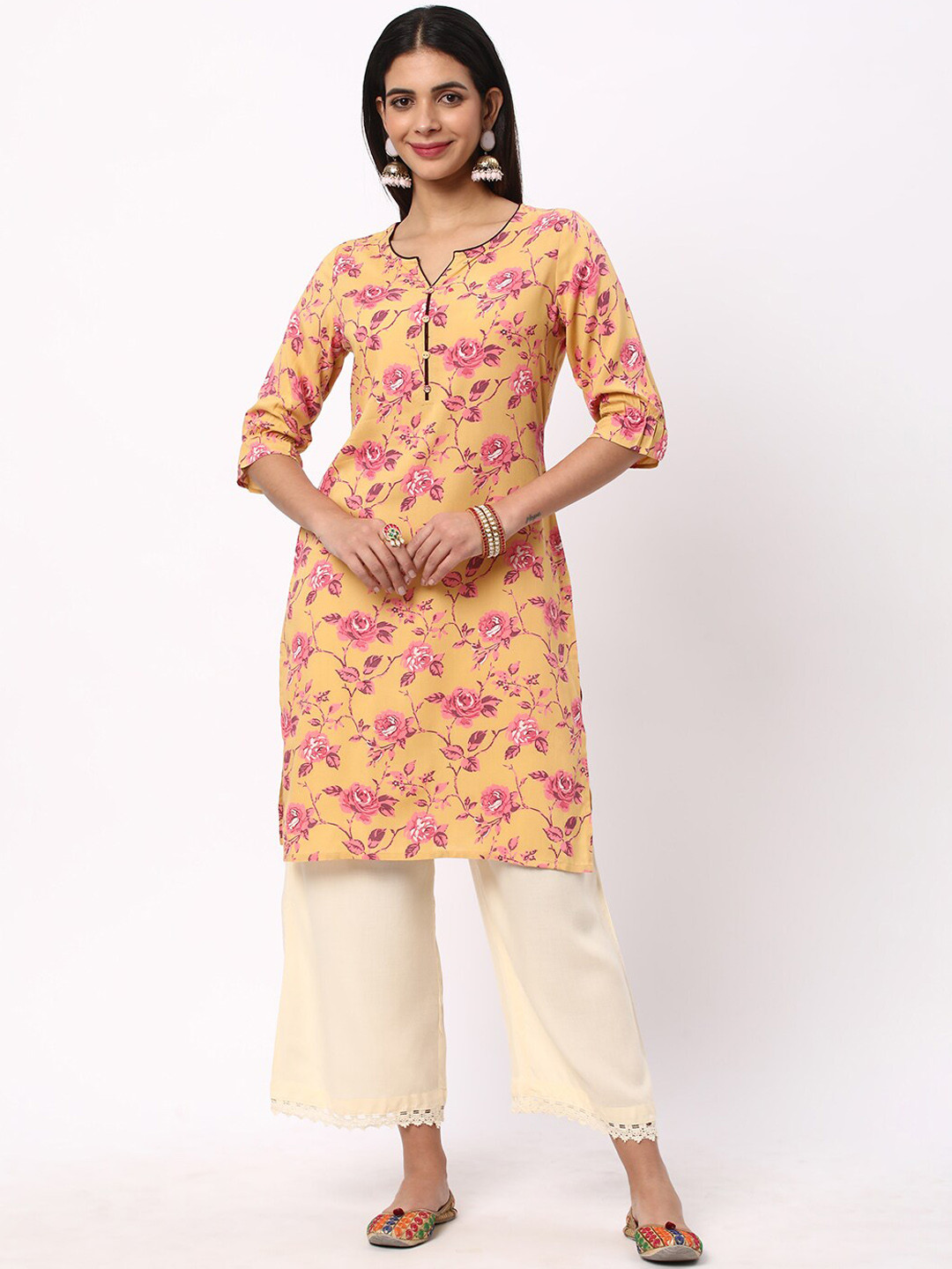 

R&B Floral Printed Straight Kurta, Yellow