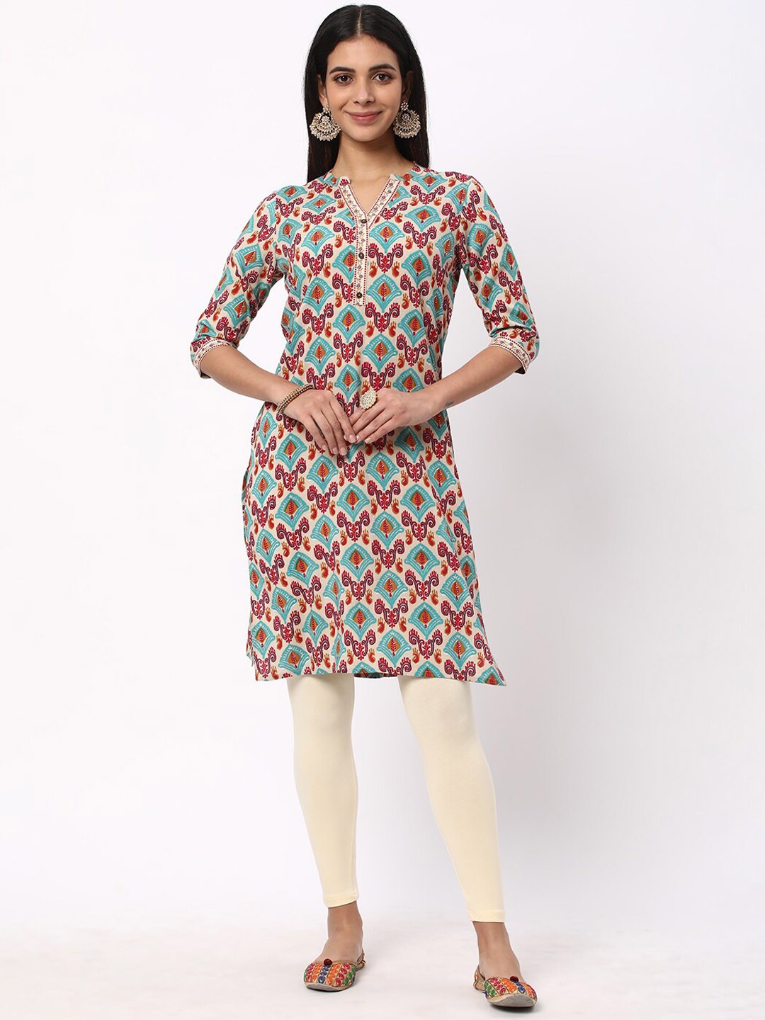 

R&B Ethnic Motifs Printed Mandarin Collar Straight Kurta, Cream