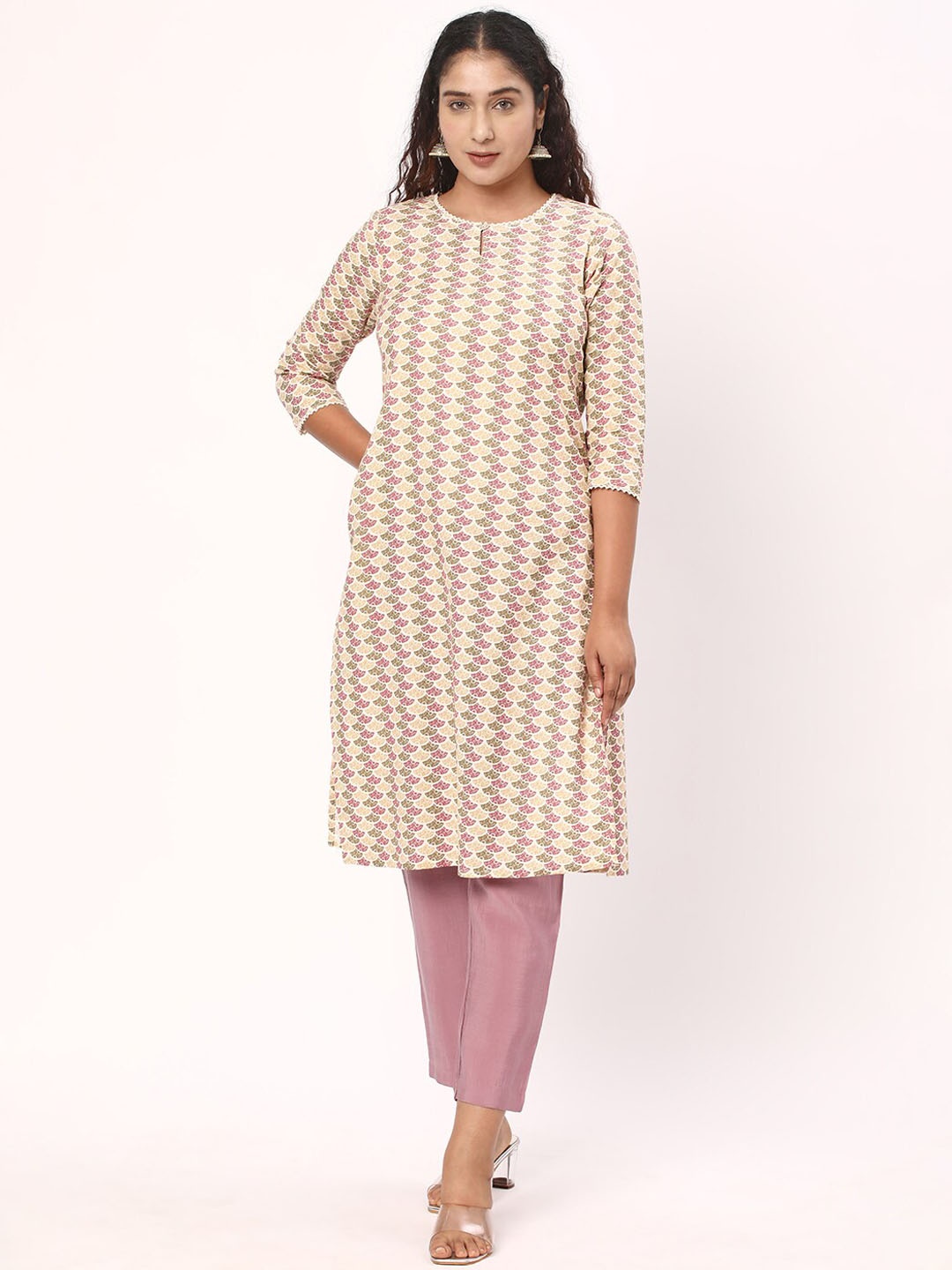 

R&B Ethnic Motifs Printed Keyhole Neck Straight Kurta, Beige