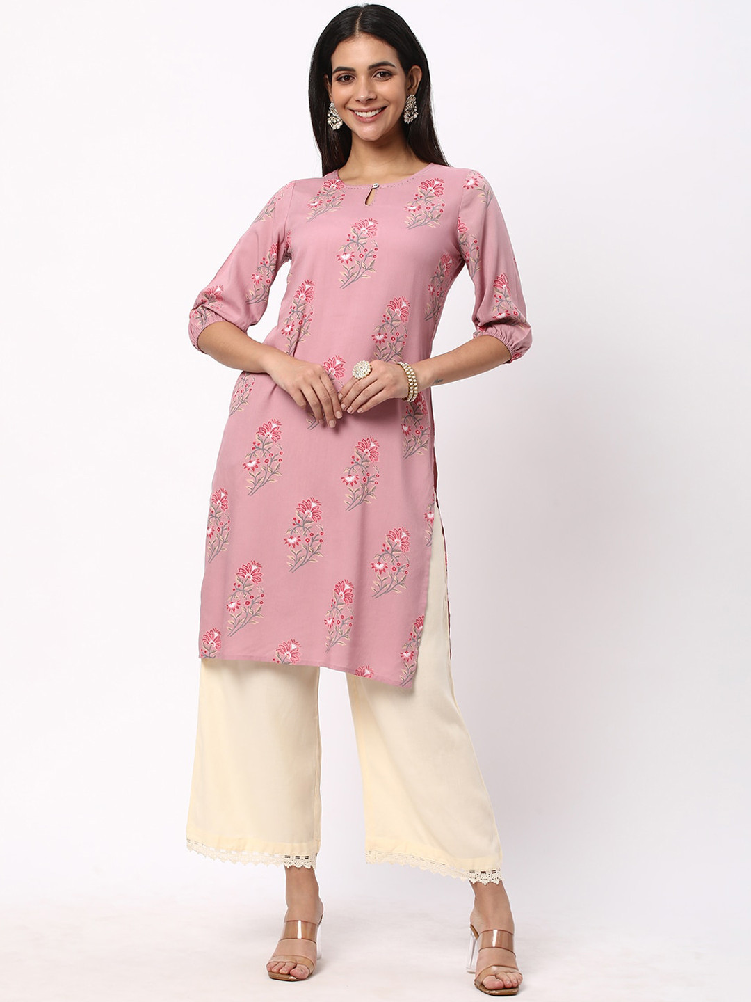 

R&B Floral Printed Keyhole Neck Kurta, Pink