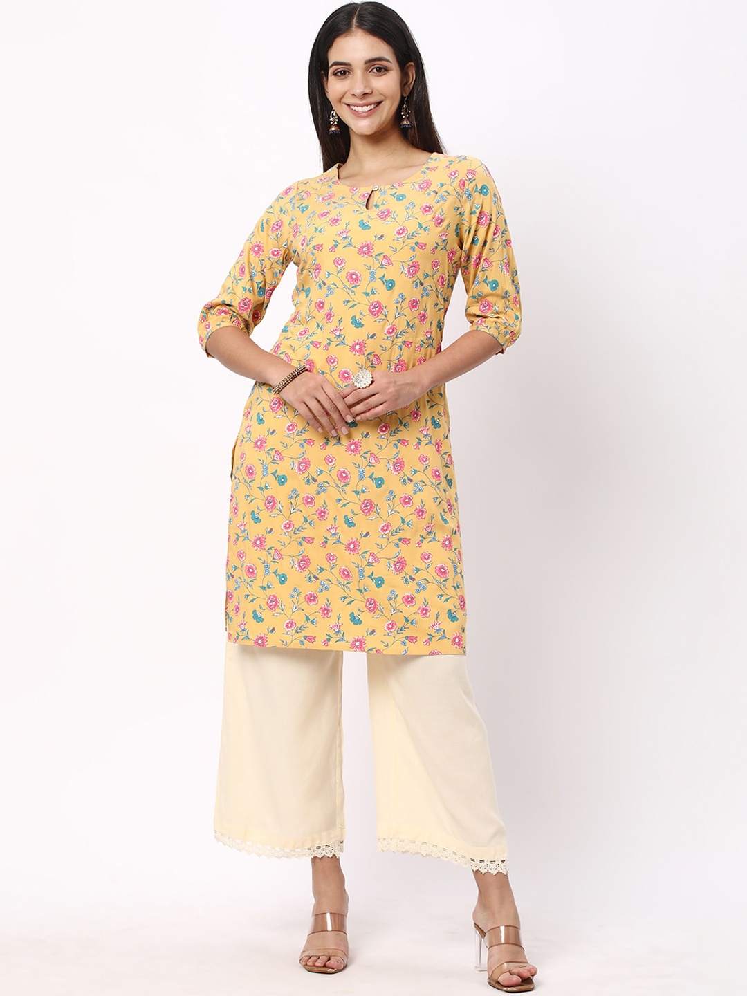 

R&B Floral Printed Keyhole Neck Kurta, Yellow