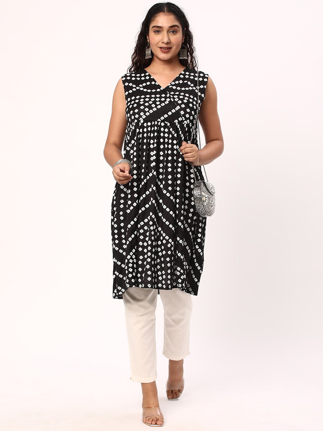 

R&B Women Black Geometric Checked Sequinned Kurta